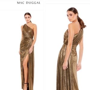 Mac Duggal leena Metallic Asymmetric Wrap Gown Grecian Draped Dress